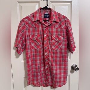 Vintage Wrangler Men's Red and White Plaid Snap Button Down Shirt